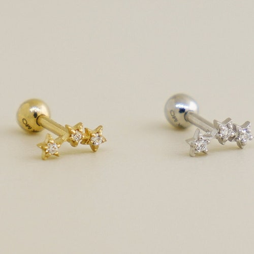 14K REAL Solid Gold Three Star Diamond CZ Cartilage Daith - Etsy