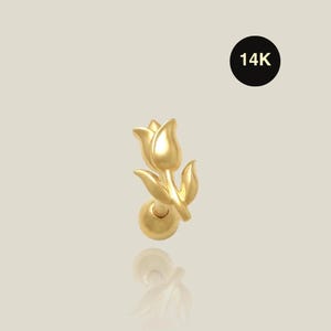 Brinco piercing de flor de tulipa rosa em ouro maciço 14K, cartilagem plana, Daith Helix Tragus Conch Ear Post Stud, joia corporal floral 18G