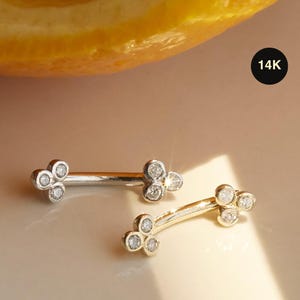 Orecchino a barretta curva con diamante autentico 14K, VERO piercing in oro massiccio per cartilagine sopracciglio, daith, trago, calibro 16.
