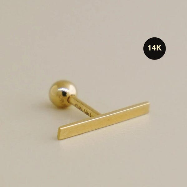14K Solid Gold Bar Stud Earring, Minimal Straight Bar Stud, Tiny Cartilage Helix Earring