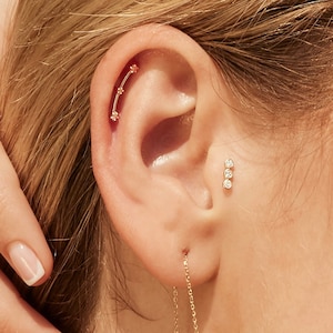 14K REAL Diamond Solid Gold Curved Celestial Bar Stud, Cartilage Daith Helix Tragus Conch Rook Snug Post Piercing Earring 18Gauge