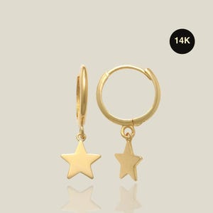 14K REAL Solid Gold Star Drop Huggie Hoop Earring Cartilage Upper Earlobe Star Charm Dangle Drop Hinge Huggie Hoop Ring Ear Piercing Jewelry