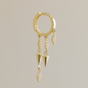 14K REAL Solid Gold Spike Drop Huggie Earring, Diamond CZ Cartilage Upper-lobe Helix Tragus Conch Hinge Huggie Hoop Ear Piercing Jewelry