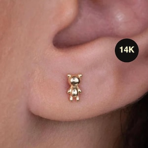 14 kt echt massief gouden teddybeer oorbel, kraakbeen helix tragus stick oorstift interne plaksteen, schattige sierlijke piercingsieraden 18 gauge