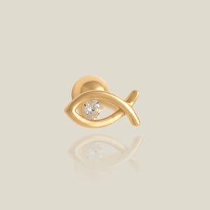 14K REAL Solid Gold Cubic Zirconia Fish Piercing Earring,  Internal Thread Ear Cartilage Helix Tragus Conch Flatback, Simple Dainty 18G Gift