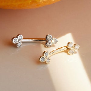 14K REAL Solid Gold Trinity Diamond Curved Barbell Rook Earring Eyebrow Cartilage Daith Tragus Snug Body Piercing Jewelry 16Gauge