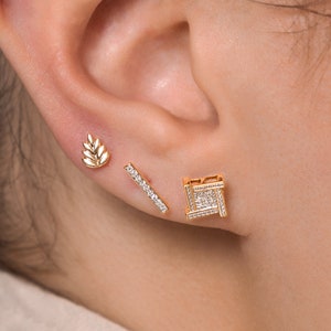 14K REAL Diamond Line Bar Stud Earring Real Solid Gold Natural Genuine Diamond Upper Earlobe Cartilage Tragus Flat Ear Post Stud Piercing