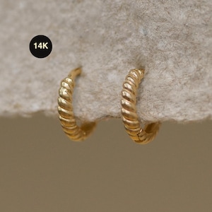 14K Solid Gold Twist Hoop Earrings, Cartilage Helix Hoop, Minimal Gold Hoops