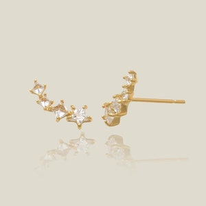 14K REAL Solid Gold Star CZ Diamond Climber Stud Earrings for Upper Earlobe Cartilage Helix Tragus Ear Post Push-back Stud Piercing Earrings