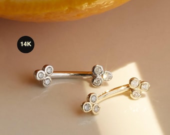 14K Solid Gold Diamond Curved Barbell Rook Earring, Genuine Diamond Eyebrow Cartilage Daith Tragus Snug Piercing 16 Gauge