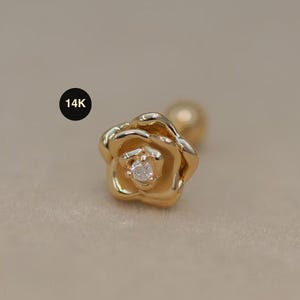 14K Solid Gold Diamond Rose Stud, Cartilage Tragus Helix Piercing 18G