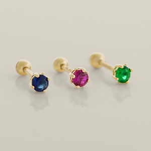 14K REAL Solid Gold Birthstone Colorful Diamond CZ Cartilage Daith Helix Tragus Conch Rook Snug Ear Post Stud Piercing Earring Body Jewelry