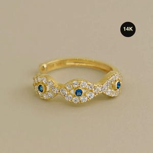 14K REAL Solid Gold Sapphire Blue Diamond CZ Evil Eye Ear Cuff Open Ring, Diamond CZ Cartilage Conch Helix No Piercing Ear Cuff Wrap Earring