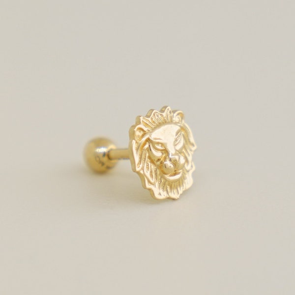 14K REAL Solid Gold Unique Lion Cartilage Daith Helix Tragus Conch Rook Snug Ear Post Stud Piercing Earring Body Jewelry 18Gauge