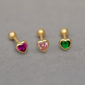 14K REAL Solid Gold Heart Color Bezel Stone Stud Earring (Ruby, Pink, Emerald) , Internal Ear Piercing Helix Tragus Conch Flatback Mini