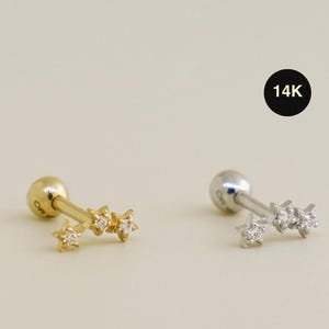 Or massif 14K véritable diamant trois étoiles CZ Cartilage Daith Helix Tragus Conque Rook confortable oreille post piercing boucle d&#39;oreille corps 18Gauge