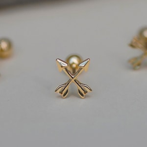 14K REAL Solid Gold Cross Arrow Stud Piercing Earring, Flat Back Cartilage Vintage Helix Tragus Conch Ear Piercing Dainty Jewelry 18Gauge