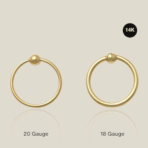 14K REAL Solid Gold Captive Bead Plain Ball Hoop Earring & Nose Ring Piercing, Cartilage Daith Helix Conch Rook Septum Body 16, 18, 20gauge