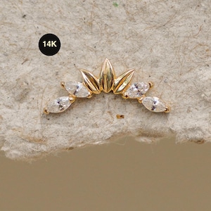 Pendiente de botón de hoja de oro macizo de 14 quilates, circonita cúbica marquesa, hélice y trago