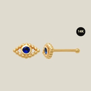 14K REAL Solid Gold Evil Eye Sapphire Blue CZ Nose Bone Stud Dainty Tiny Mini Baby Nose Bone Stud Twist Ring Body Jewelry Piercing  21Gauge