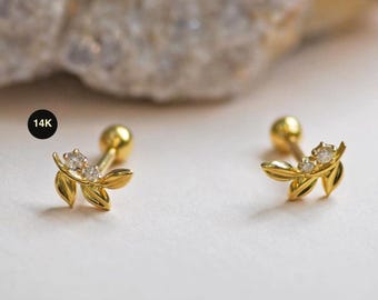 14K Genuine Natural Diamond Olive Leaf Stud Earring, Solid Gold Ear Cartilage Piercing Jewelry