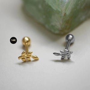14K Solid Gold Olive Leaf Stud Earring, Helix Cartilage Piercing