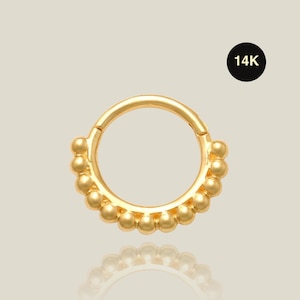 14K REAL Solid Gold Beaded Hinged Nose Septum Piercing Cartilage Daith Helix Conch Rook Snug Body Hoop Nose Piercing Jewelry 18/16Gauge