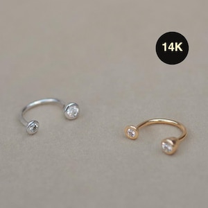14K Genuine Diamond Horseshoe Hoop Barbell, Solid Gold Nose Septum Cartilage Helix Rook Earlobe Ear Post Stud Piercing Jewelry 18Gauge