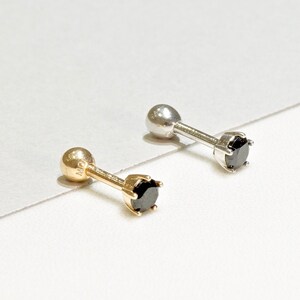14K REAL Solid Gold Round Black Diamond CZ Cartilage Daith Helix Tragus Conch Rook Snug Ear Post Stud Piercing Earring Body Jewelry 18Gauge