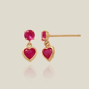14K REAL Solid Gold Heart Pink, Ruby Color Dangle Stud Earrings, Cartilage Upper Earlobe Helix CZ Drop Gift for Her Jewelry Anniversary