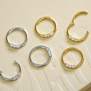 14K Genuine Natural Triple Diamond Clicker Hoop, Solid Gold Earring Ear Septum Nose Ring Cartilage Daith Helix Body Piercing Jewelry 18Gauge