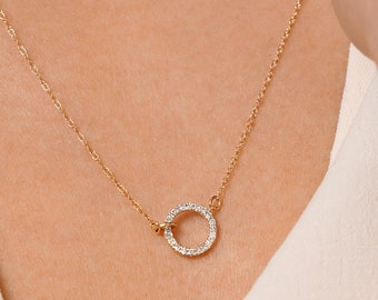 14K REAL Diamond Circle Round Necklace Real Solid Gold Natural Genuine Diamond Minimalist Dainty Pendant Chain Necklace