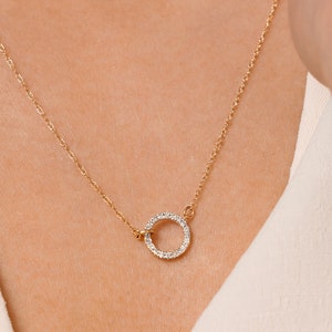 14K REAL Diamond Circle Round Necklace Real Solid Gold Natural Genuine Diamond Minimalist Dainty Pendant Chain Necklace