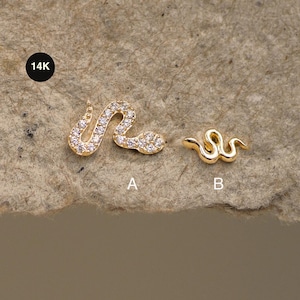 Pendiente de serpiente de oro macizo de 14 quilates (diamante CZ/mini) / Piercing para cartílago de la oreja, hélix, trago, calibre 18