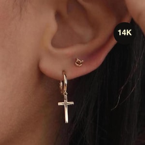 14K REAL Solid Gold Cross Huggie Hoop Earrings Dainty Minimalist Gold Cross Charm Pendant Dangle Drop Huggie Hoop Earring Religious Jewelry