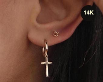 14K REAL Solid Gold Cross Huggie Hoop Earrings Dainty Minimalist Gold Cross Charm Pendant Dangle Drop Huggie Hoop Earring Religious Jewelry