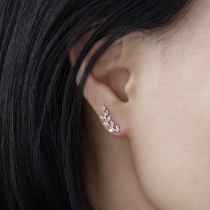 14K REAL Solid Gold Leaves CZ Stud Earrings for Cartilage Daith Helix Tragus Conch Ear Post Screw-back Stud Piercing