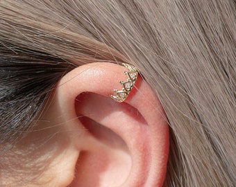 14K REAL Solid Gold Diamond CZ Heart Crown Statement Ear Cuff Ring, Diamond CZ Cartilage Conch Helix No Piercing Ear Cuff Wrap Earring