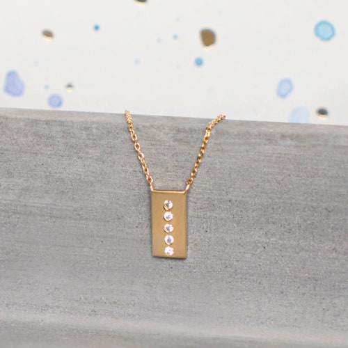 14K REAL Solid Gold Diamond CZ Rectangle Name Tag Chain Necklace, Diamond CZ shops Minimalist Dainty Rectangle Name Tag Charm Chain Necklace