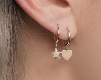 14K REAL Solid Gold Heart Drop Huggie Hoop Earring Cartilage Upper Earlobe Heart Dangle Drop Hinge Huggie Hoop Ring Ear Piercing Jewelry