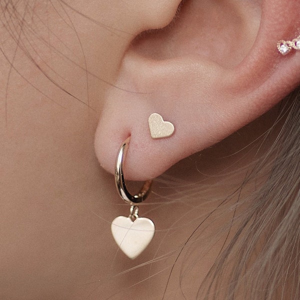 14K REAL Solid Gold Baby Cute Heart Cartilage Daith Helix Tragus Conch Rook Snug Ear Post Stud Piercing Earring Body Jewelry 18Gauge