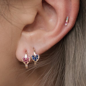 14K Echtgold Diamant CZ Herz Huggie Creolen, Knorpel Tragus Helix Oberes Ohrläppchen Huggie Scharnier Ohr Piercing Schmuck