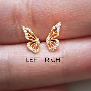 14K Solid Gold Butterfly Half Wing CZ Stud Earring, Upper Earlobe Cartilage Helix Tragus Flatback Internal 18G Cute Dainty Gift - Left Right