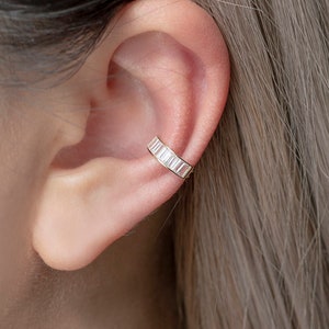 14K REAL Solid Gold Baguette Cubic Zirconia Wide Bold Thick Minimalist Ear Cuff Ring, Cartilage Conch Helix No Piercing Ear Cuff CZ Earring