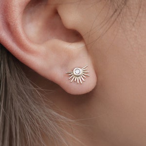 14K REAL Solid Gold Diamond CZ Tiny Starburst Bezel Stud Earrings, Upper Earlobe Cartilage Tragus Ear Post Push-back Stud Piercing Earrings