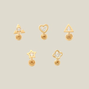 Brinco de piercing confortável em ouro maciço 14K REAL mini empilhável, triforce, coração, triângulo, estrela, trevo, cartilagem hélice tragus concha torre