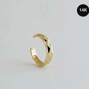 14K REAL Solid Gold Diamond-cut Bold Thick Minimalist Ear Cuff Ring, Golden Cartilage Conch Helix No Piercing Kids Ear Cuff Wrap Earring