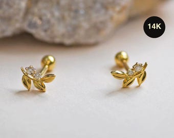 14K Genuine Natural Diamond Olive Leaf Stud Earring, Solid Gold Piercing Cartilage Helix Tragus Conch Internal Floral Body Dainty Jewelry