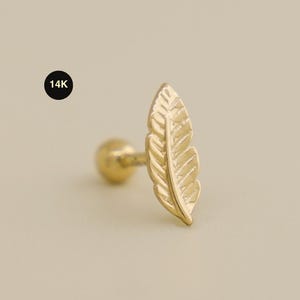 14K Gold Feather Tragus Earring, Helix Ear Piercing, Conch, Cartilage, Minimalist Jewelry