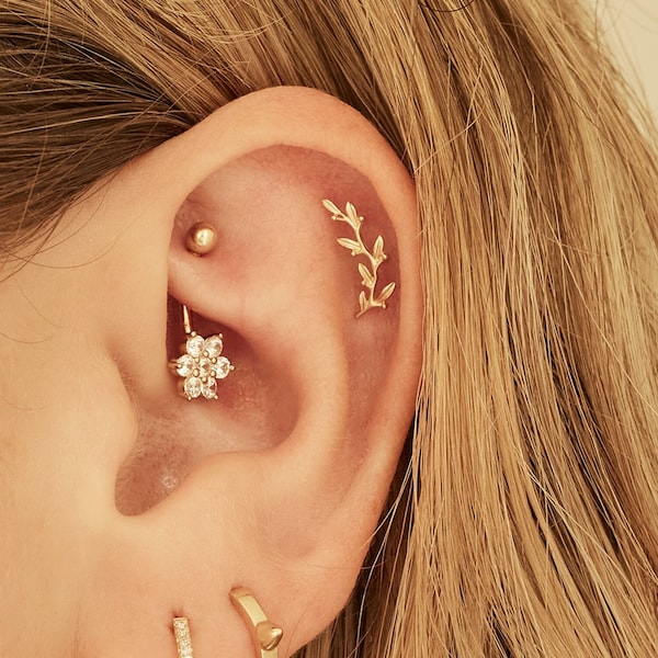 14K Echtgold gebogener Blattknorpel Daith Helix Tragus Conch Rook Snug Ohrstecker Piercing Ohrring Körperschmuck 18Gauge